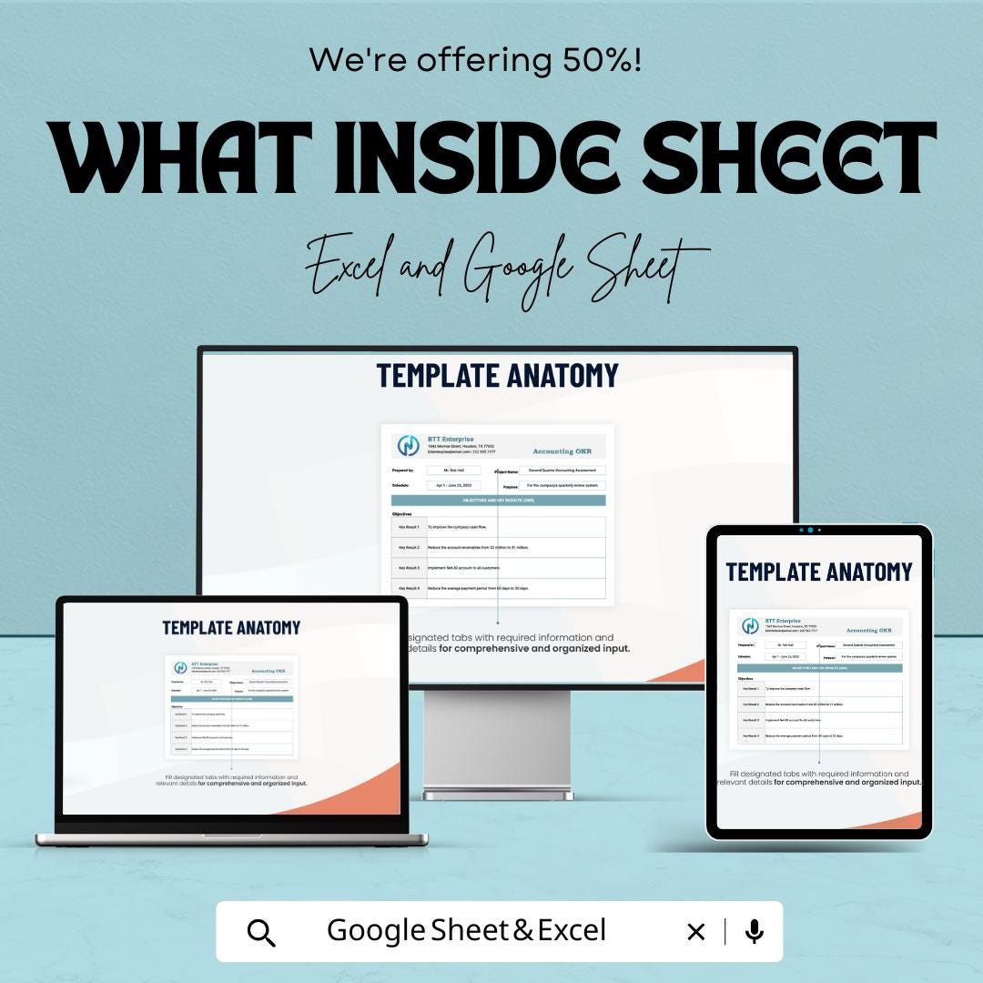 Accounting OKR Sheet | Excel & Google Sheets Goal Tracker | Objective Key Result Template | Finance OKR Planner | Editable OKR Format