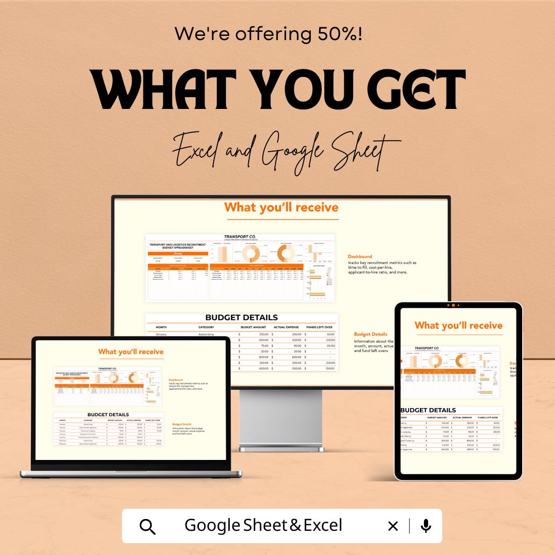 Transport and Logistics Recruitment Budget Spreadsheet Template | Hiring Cost Tracker | Excel & Google Sheets Budget Planner