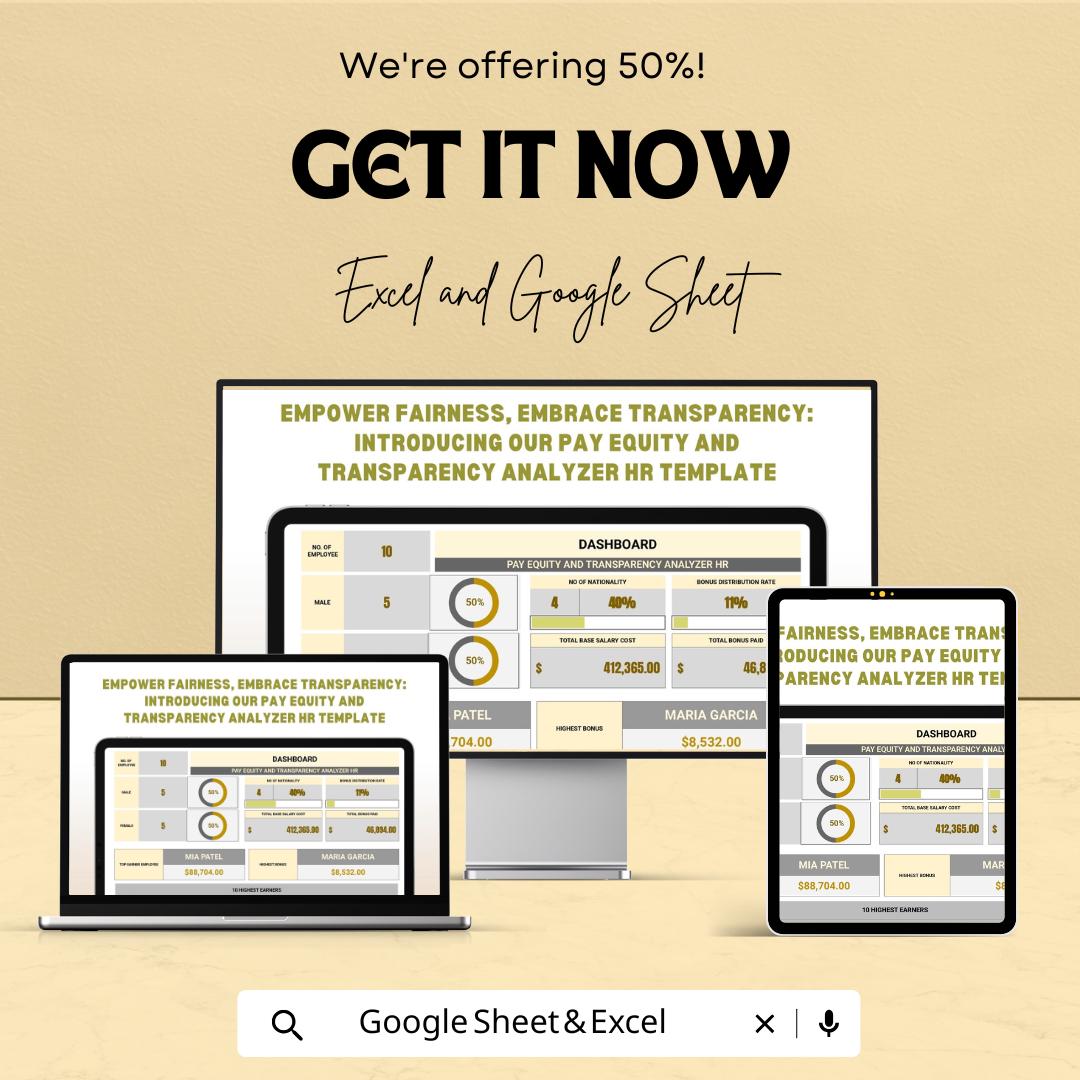 Pay Equity and Transparency Analyzer HR Template | Salary Analysis Dashboard | Equal Pay Compliance Tool | Excel & Google Sheets