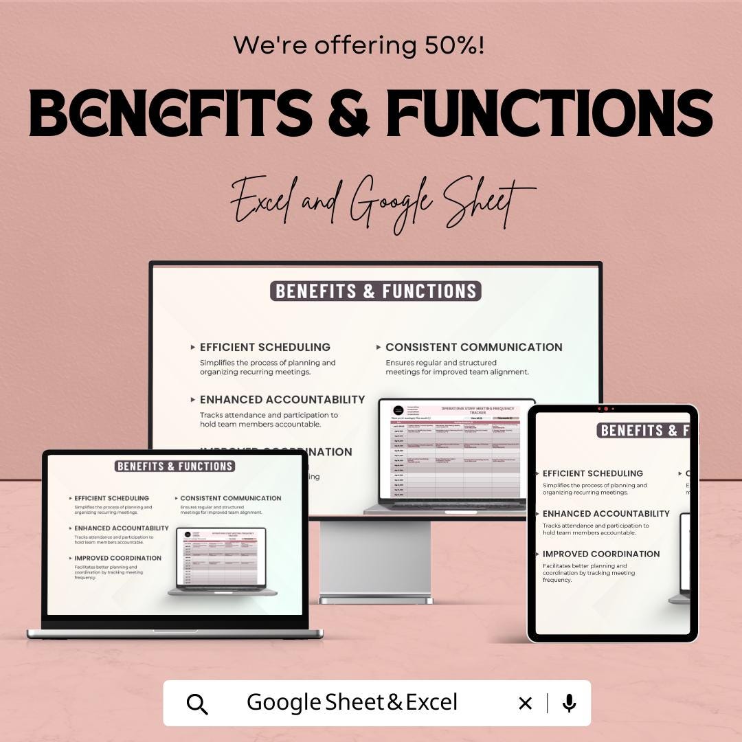 Operations Staff Meeting Tracker Template, Meeting Frequency Tracker, Staff Meeting Schedule, Excel & Google Sheets, Team Meeting Planner