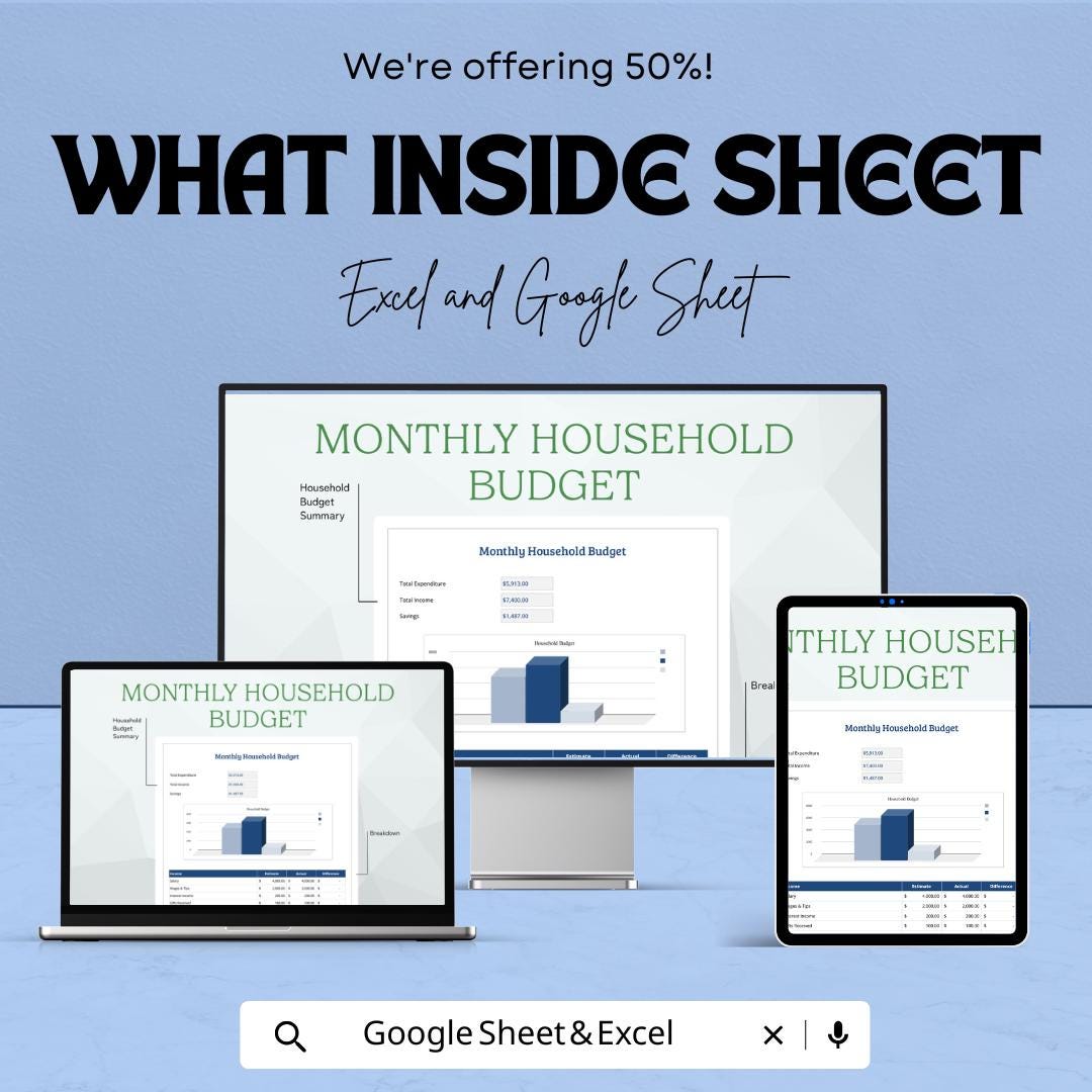 Monthly Household Budget Spreadsheet | Google Sheets & Excel Template | Income Expense Tracker | Personal Finance Planner