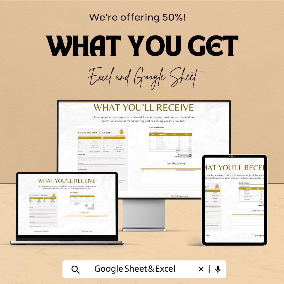 Construction Bid Form Template | Contractor Bid Sheet | Project Bid Proposal Template | Cost Breakdown Spreadsheet | Excel Google Sheets