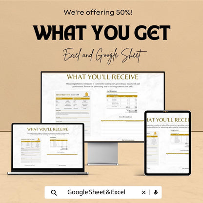 Construction Bid Form Template | Contractor Bid Sheet | Project Bid Proposal Template | Cost Breakdown Spreadsheet | Excel Google Sheets