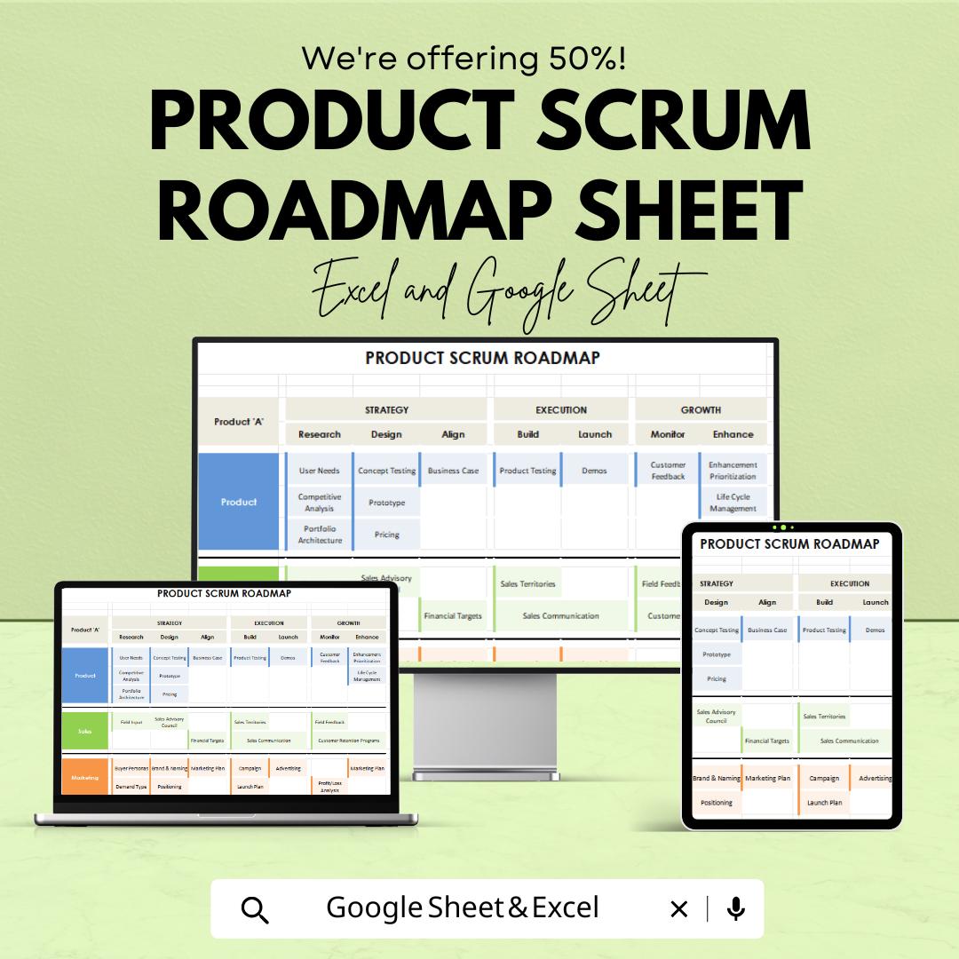 Product Scrum Roadmap Sheet - Excel & Google Sheets Template for Product Management, Scrum Planning, and Project Tracking