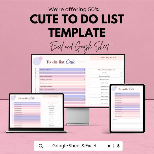 Cute To Do List Template | Daily Task Planner Spreadsheet | Productivity Checklist Organizer | Excel & Google Sheets | Printable Task