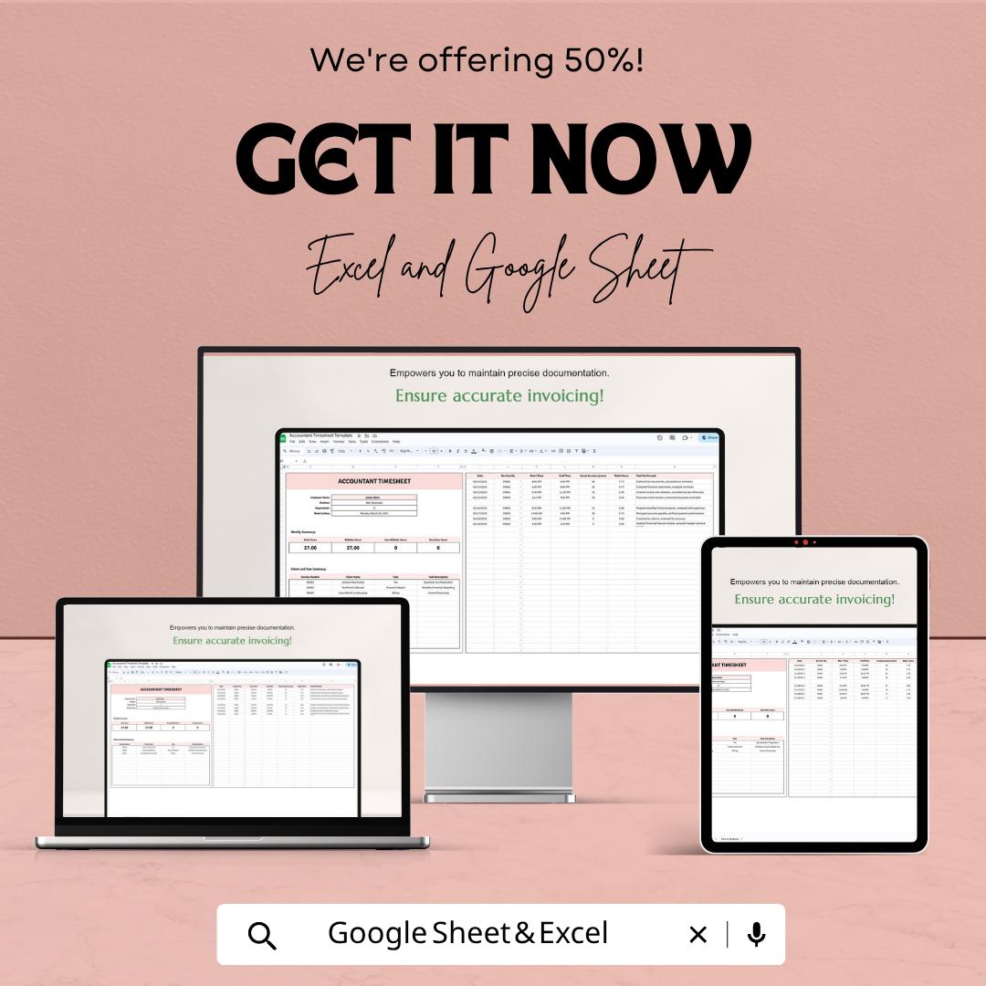 Accountant Timesheet Template Excel Google Sheets | Employee Time Tracker | Payroll Spreadsheet | Weekly Billing Sheet