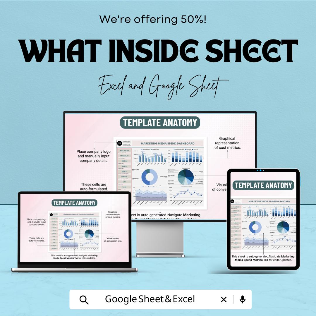 Marketing Media Spend Dashboard | Excel & Google Sheets | Marketing Budget Tracker | Media Spend Metrics | Marketing Analytics Template