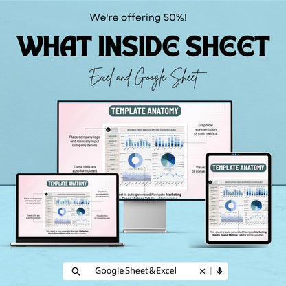 Marketing Media Spend Dashboard | Excel & Google Sheets | Marketing Budget Tracker | Media Spend Metrics | Marketing Analytics Template