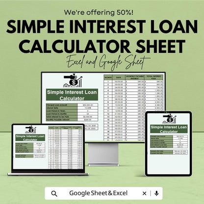 Simple Interest Loan Calculator Sheet | Excel & Google Sheets | Monthly Repayment Tracker | Loan Amortization Template