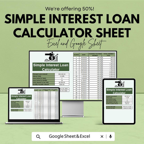 Simple Interest Loan Calculator Sheet | Excel & Google Sheets | Monthly Repayment Tracker | Loan Amortization Template
