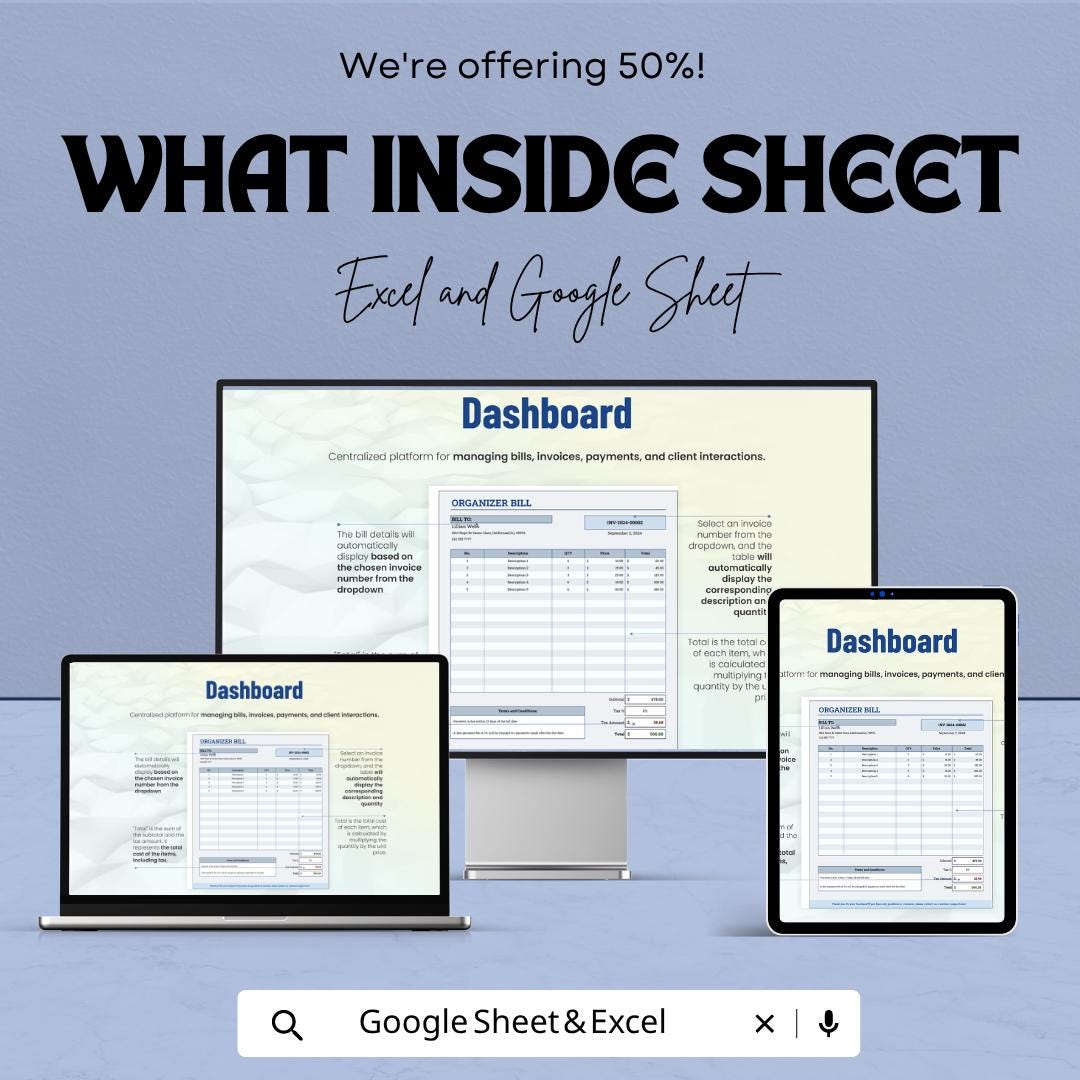 Organizer Bill Template for Excel & Google Sheets | Invoice Tracker Spreadsheet | Bill Organizer Planner | Editable Billing Template