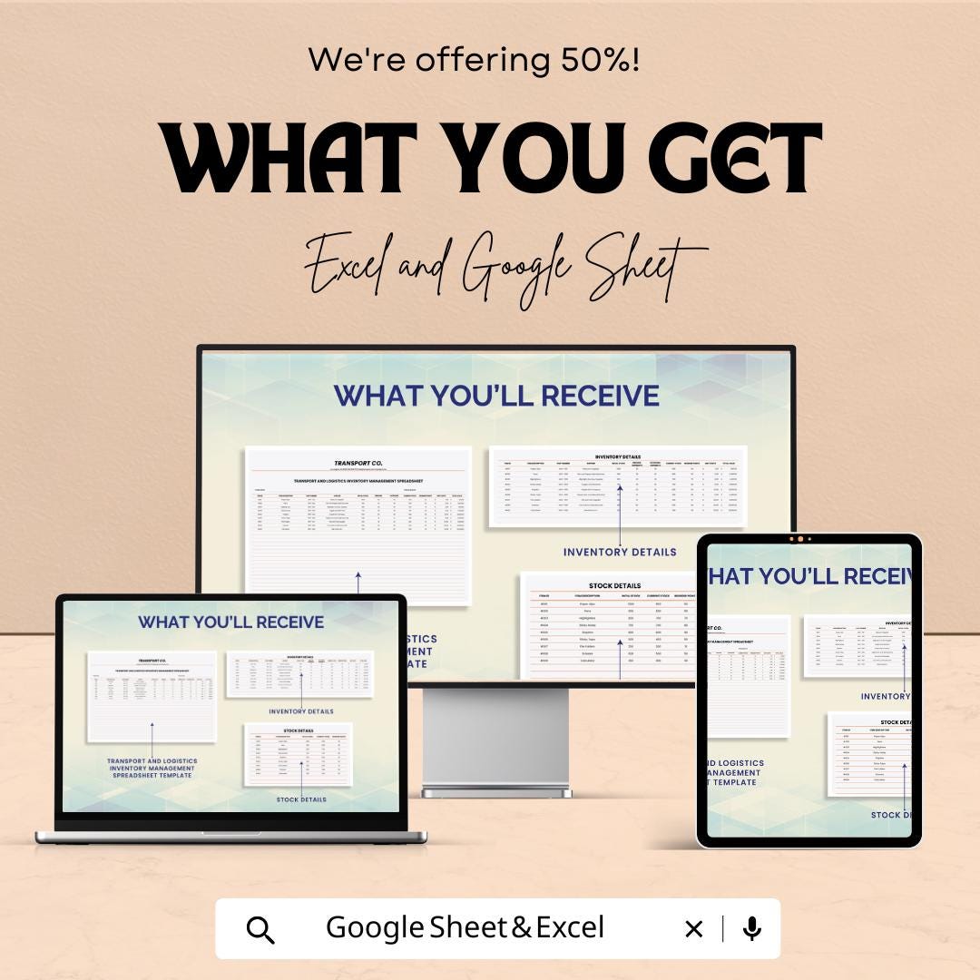 Transport & Logistics Inventory Management Spreadsheet | Excel and Google Sheets Template for Logistics, Stock Tracking, and Transport