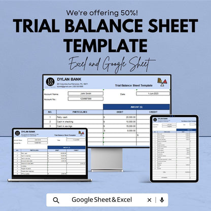 Trial Balance Sheet Template | Accounting Trial Balance | Debit and Credit Ledger | Bookkeeping Template | Finance Spreadsheet