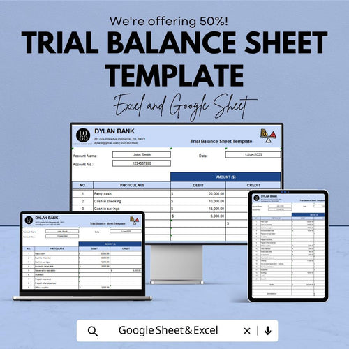 Trial Balance Sheet Template | Accounting Trial Balance | Debit and Credit Ledger | Bookkeeping Template | Finance Spreadsheet