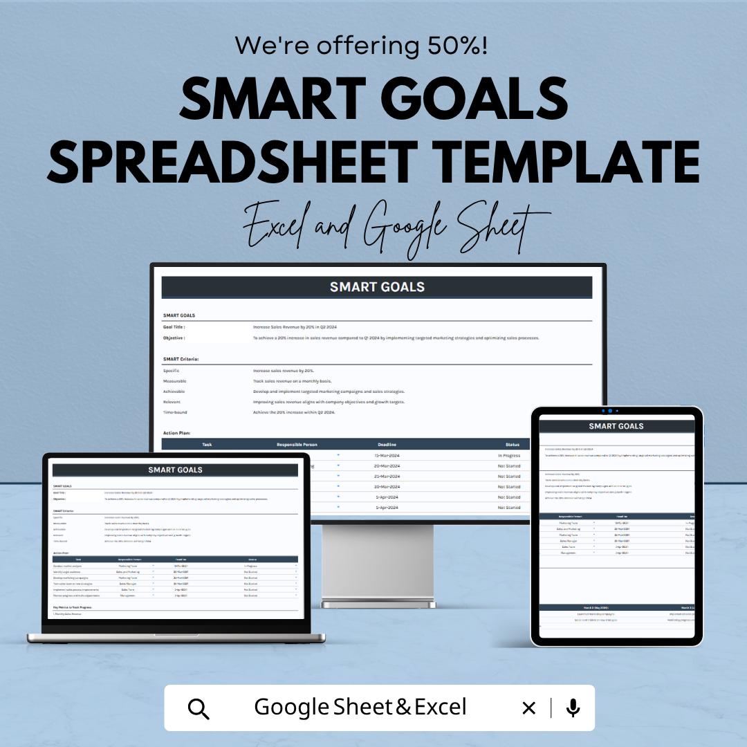 SMART Goals Spreadsheet Template | Goal Tracker Spreadsheet | Productivity Planner | Task Manager Template