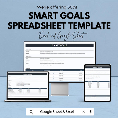SMART Goals Spreadsheet Template | Goal Tracker Spreadsheet | Productivity Planner | Task Manager Template