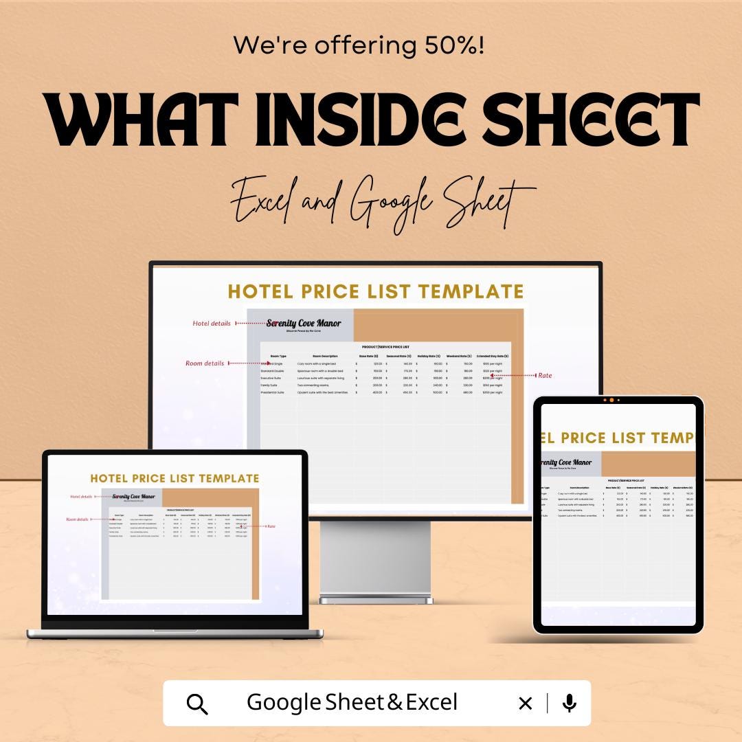 Hotel Price List Sheet | Excel and Google Sheets Template | Room Rate & Service Pricing Management Tool