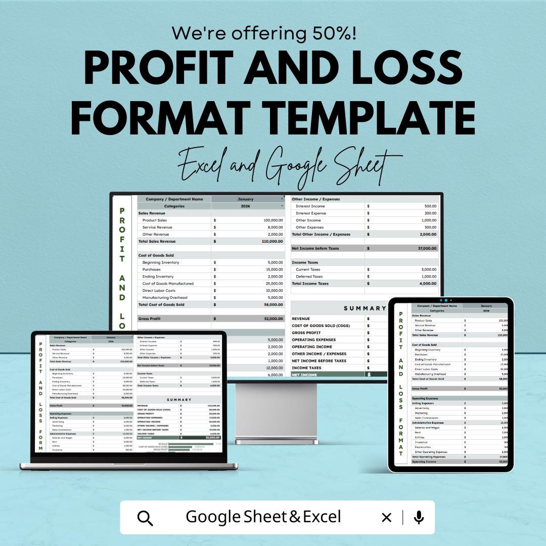 Profit and Loss Format Template | PandL Statement Format | Income Expense Tracker | Excel & Google Sheets