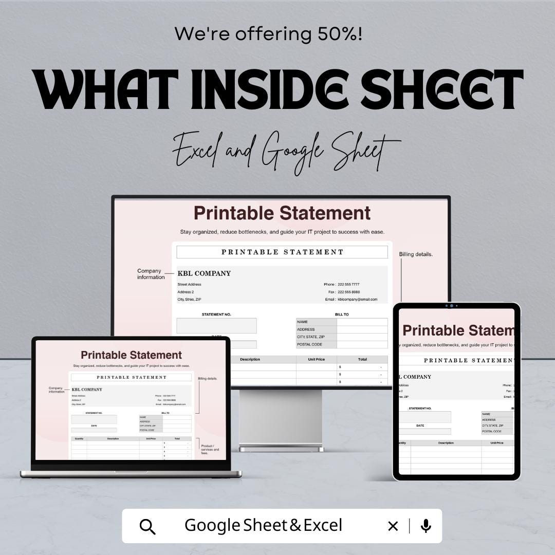 Printable Statement Sheet Template | Excel and Google Sheets | Business Invoice & Billing Form | Financial Record Sheet | Digital Download
