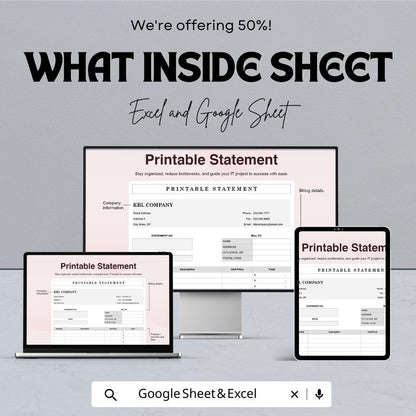 Printable Statement Sheet Template | Excel and Google Sheets | Business Invoice & Billing Form | Financial Record Sheet | Digital Download