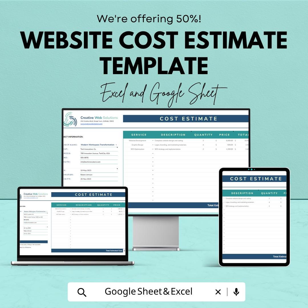 Website Cost Estimate Template | Excel Project Budget Spreadsheet | Google Sheets Website Quote Calculator | Web Design Proposal Template |