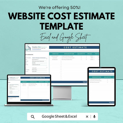 Website Cost Estimate Template | Excel Project Budget Spreadsheet | Google Sheets Website Quote Calculator | Web Design Proposal Template |