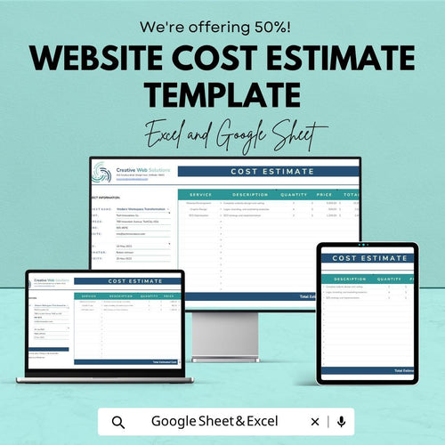 Website Cost Estimate Template | Excel Project Budget Spreadsheet | Google Sheets Website Quote Calculator | Web Design Proposal Template |