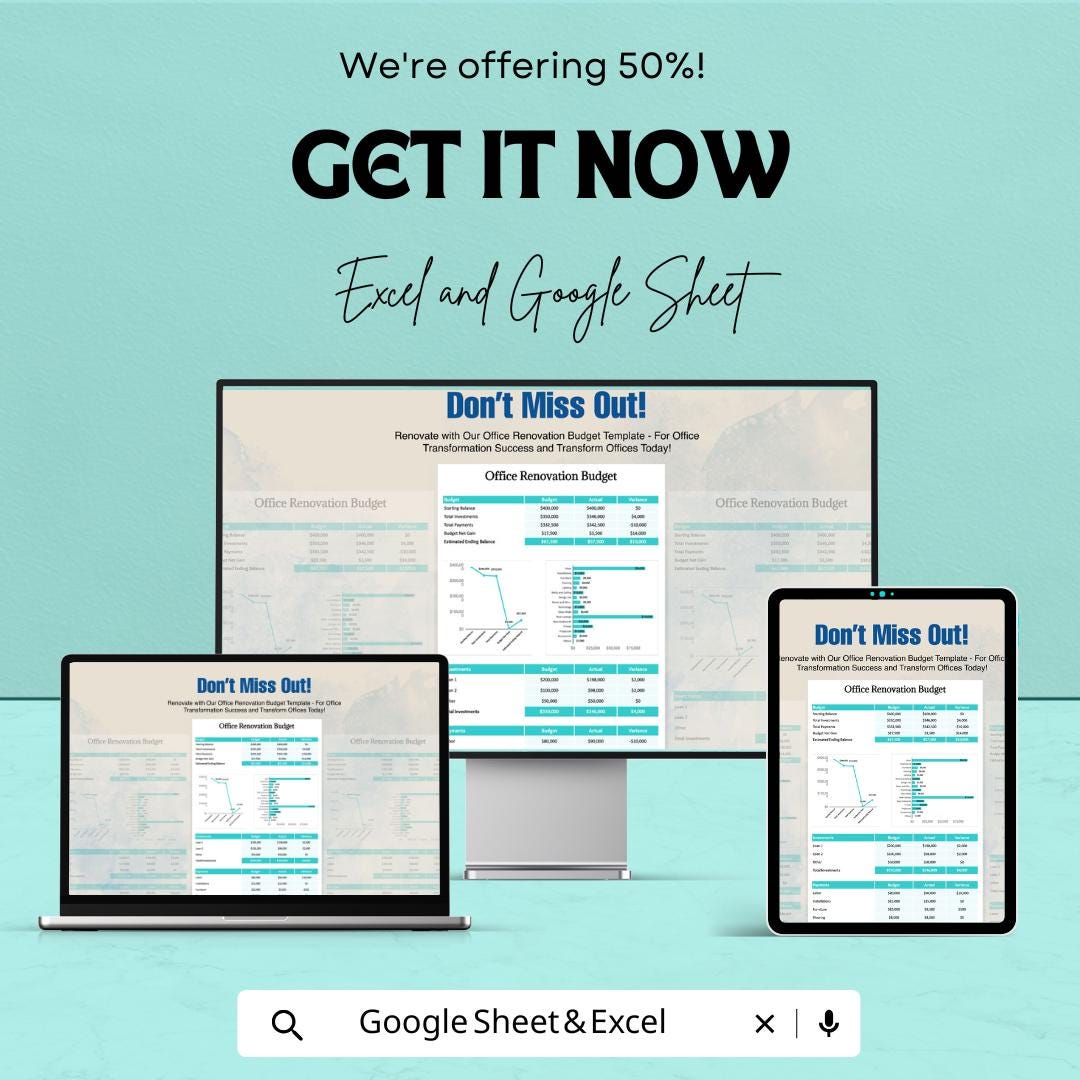 Office Renovation Budget Template | Excel & Google Sheets | Office Remodel Budget Planner | Renovation Cost Tracker | Editable Spreadsheet