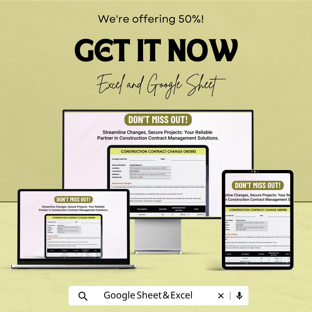 Construction Contract Change Order Template | Change Order Form Spreadsheet | Contractor Change Order Tracker | Excel & Google Sheets |