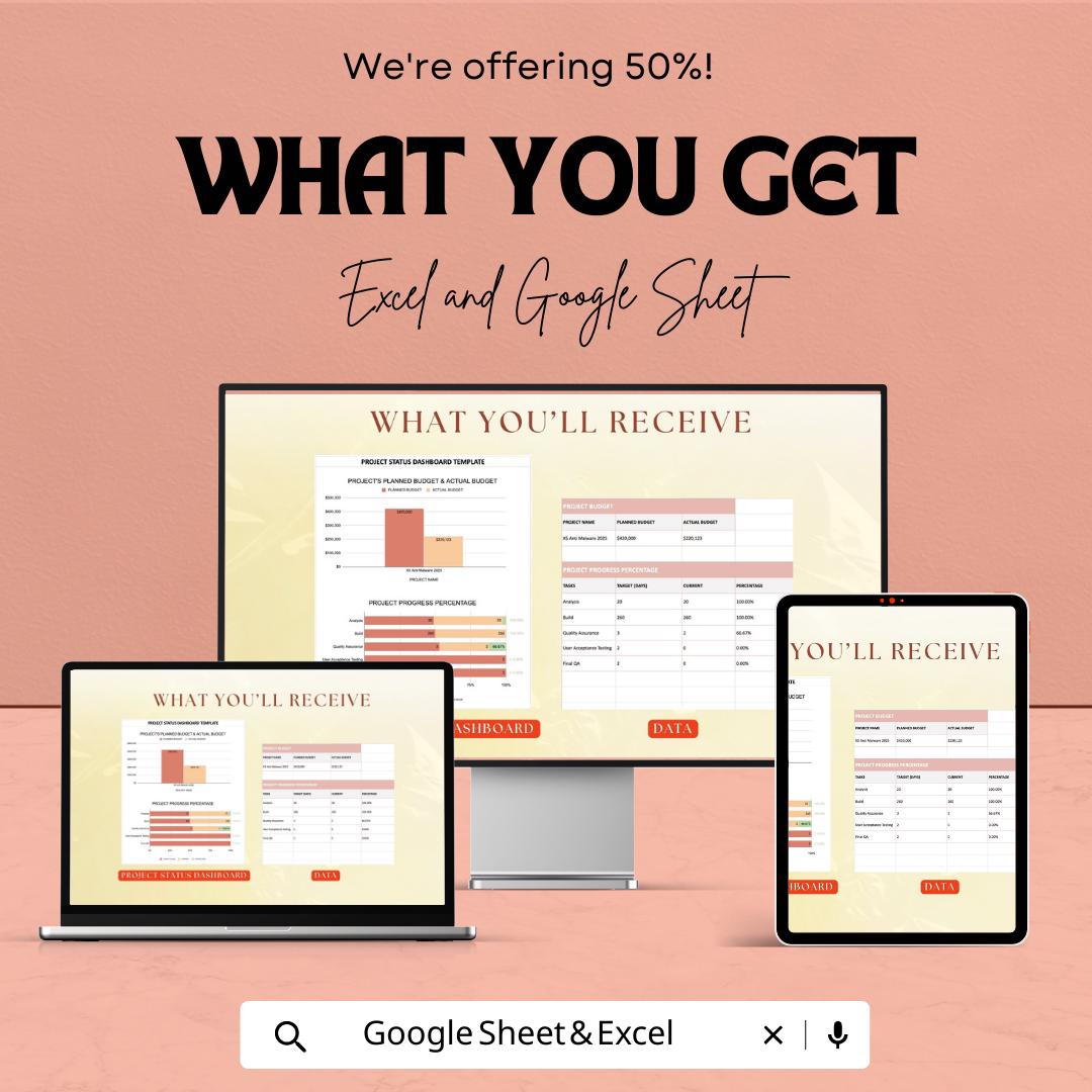 Project Status Dashboard Template , Project Management Dashboard, Project Progress Tracker, Budget vs Actual Tracker, PM Spreadsheet