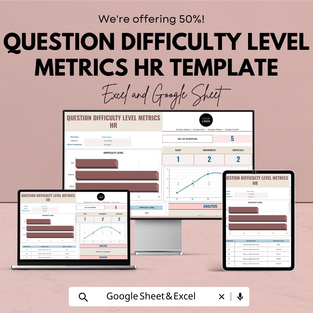 Question Difficulty Metrics HR Template, Interview Question Analysis Sheet, Recruitment Assessment Tracker