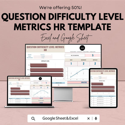 Question Difficulty Metrics HR Template, Interview Question Analysis Sheet, Recruitment Assessment Tracker