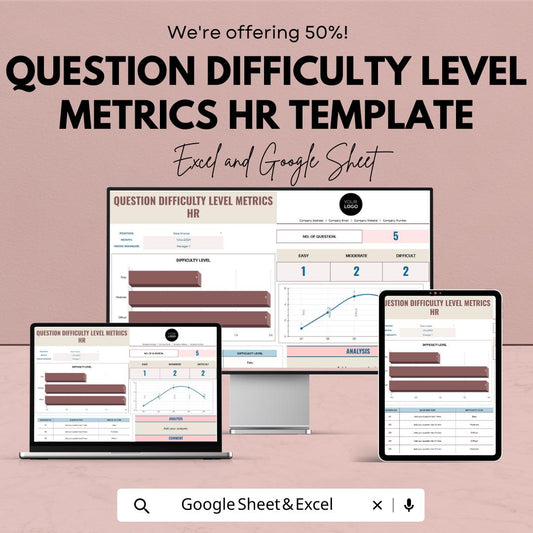 Question Difficulty Metrics HR Template, Interview Question Analysis Sheet, Recruitment Assessment Tracker