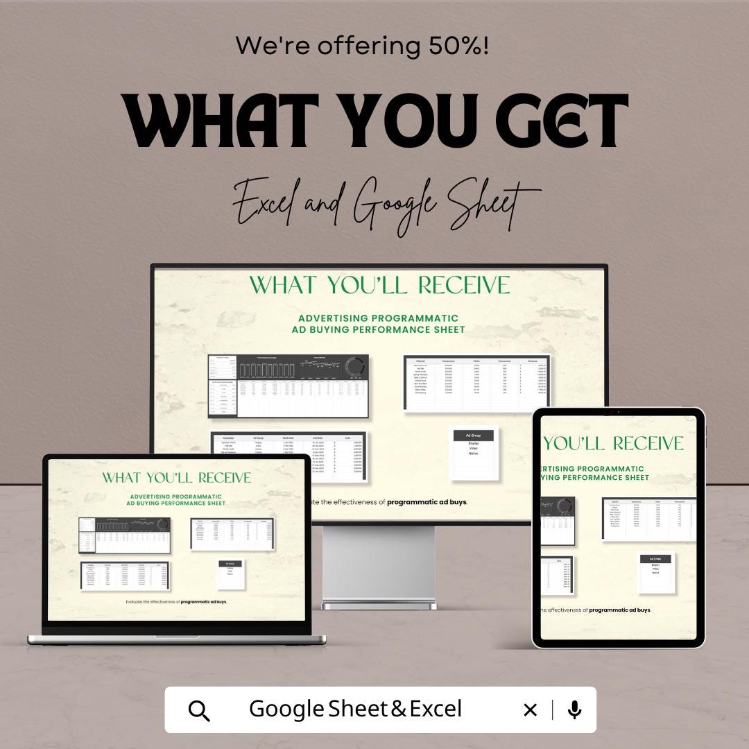Advertising Programmatic Ad Buying Performance Sheet | Excel & Google Sheets Template | Ad Performance Tracker | Media Buying Dashboard