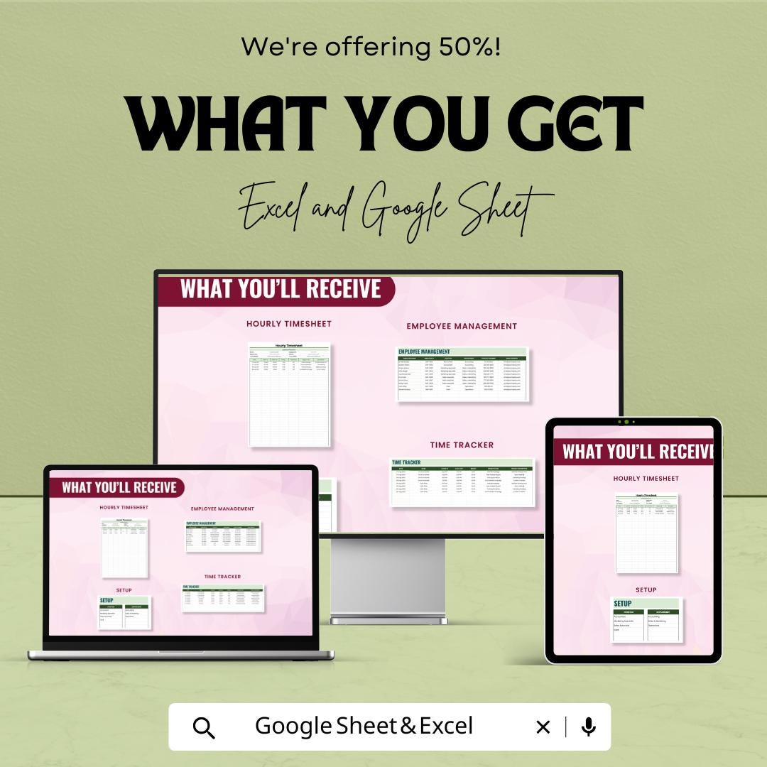 Hourly Timesheet Template | Excel and Google Sheets | Employee Work Hours Tracker | Time Log Sheet | Payroll Timesheet Form