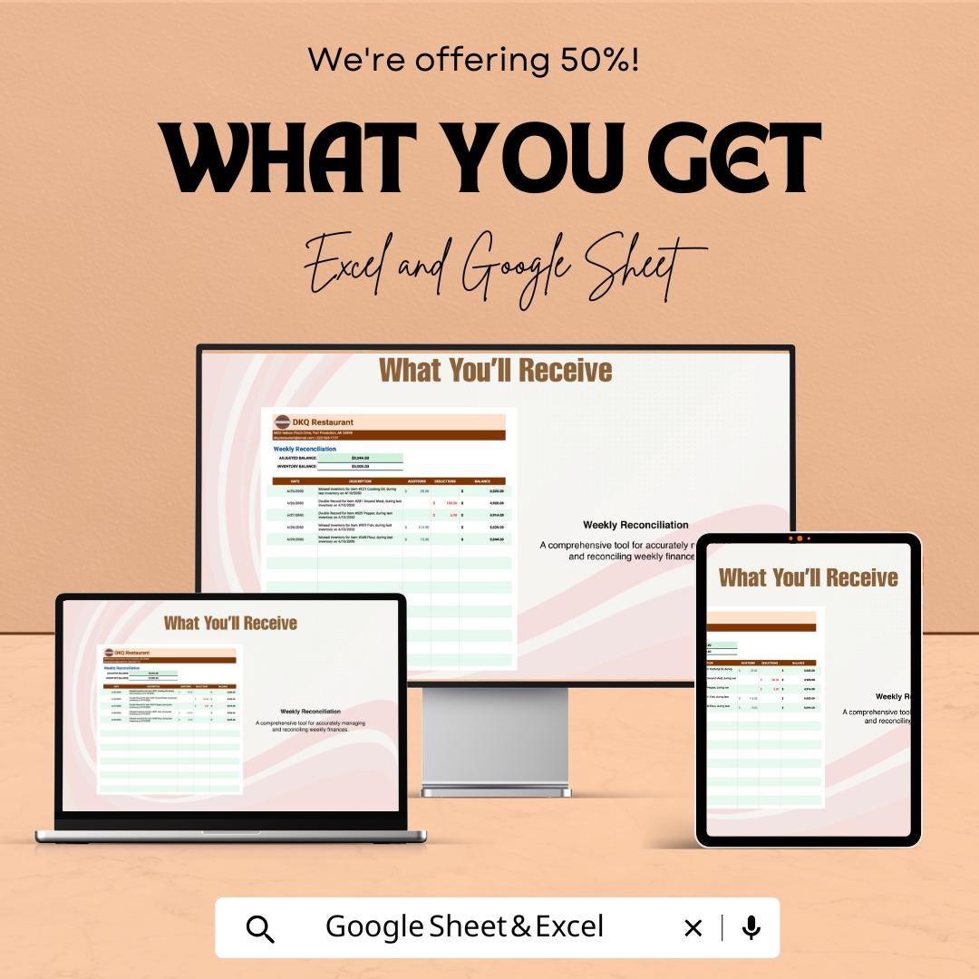 Weekly Reconciliation Sheet for Finances | Excel & Google Sheet Template | Financial Reconciliation Tracker | Budget Management Tool