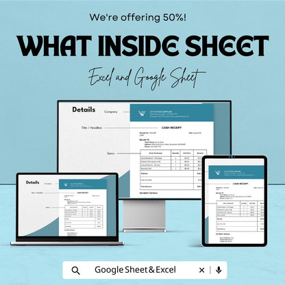Cash Receipt Sheet for Excel & Google Sheets – Payment Acknowledgment, Printable Receipt Template, Customizable Cash Receipt, 50% Off