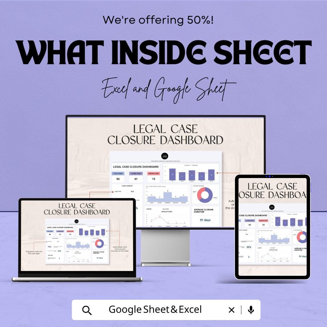 Legal Case Closure Dashboard Sheet | Google Sheets & Excel Template | Legal Case Management Tool | Track and analyze Legal Cases |