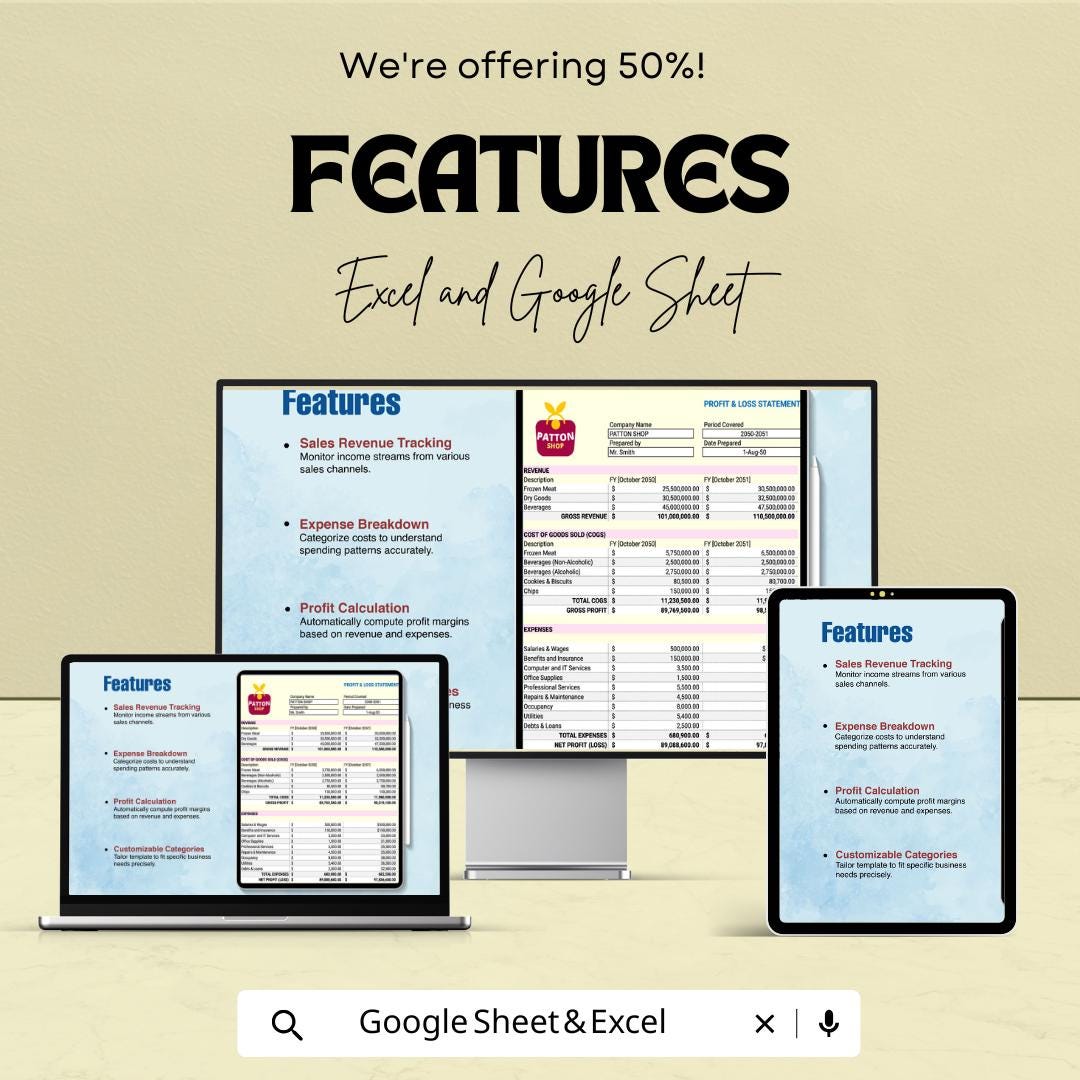 Sales Profit and Loss Template | Excel and Google Sheets | Income and Expense Tracker | P&L Statement | Business Finance Spreadsheet