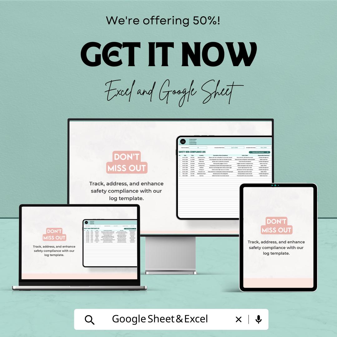 Safety Non-Compliance Log Template | Incident Report Tracker | OSHA Compliance Log Spreadsheet | Excel & Google Sheets Safety Report
