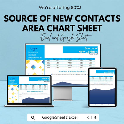 Source of New Contacts Area Chart Sheet for Excel & Google Sheets - 50% Off - Track Your Leads