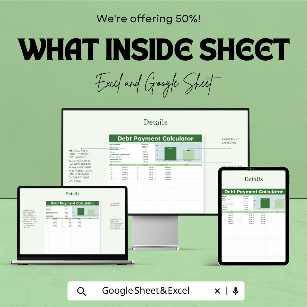 Debt Payment Calculator Template | Excel & Google Sheets Debt Payoff Spreadsheet | Loan Payment Tracker | Personal Finance Calculator