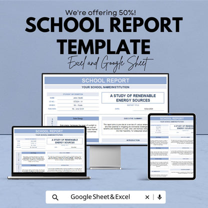 School Report Template | Editable Student Report Sheet | Excel & Google Sheets | Academic Project Report | Printable School Template