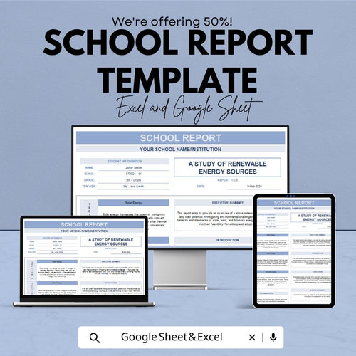 School Report Template | Editable Student Report Sheet | Excel & Google Sheets | Academic Project Report | Printable School Template