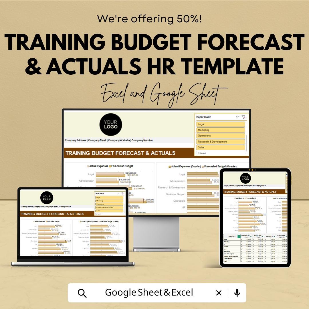 Training Budget Forecast & Actuals HR Template | Excel and Google Sheets | HR Finance Tracker | Expense Planner | Employee Training Budget