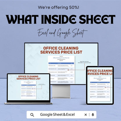 Office Cleaning Services Price List Sheet - Google Sheets Template - Professional Cleaning Service Pricing - Service & Rate Calculator
