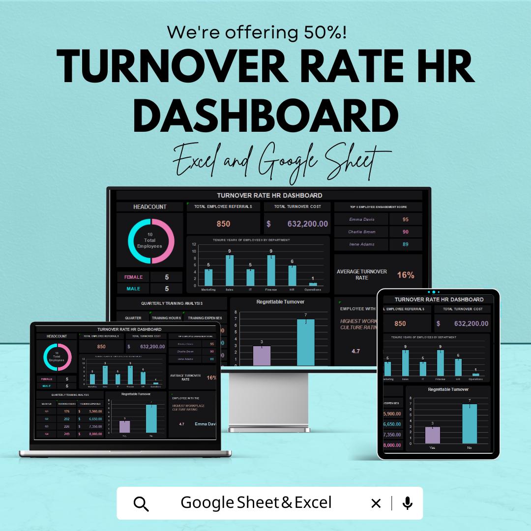 Turnover Rate HR Dashboard Sheet - Excel and Google Sheets Template for Employee Metrics & HR Analytics