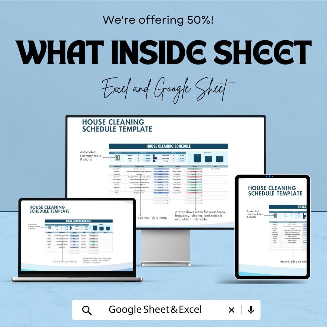 House Cleaning Schedule Sheet | Excel & Google Sheet | Cleaning Planner Template | Home Organization | Daily, Weekly, Monthly Cleaning Tasks