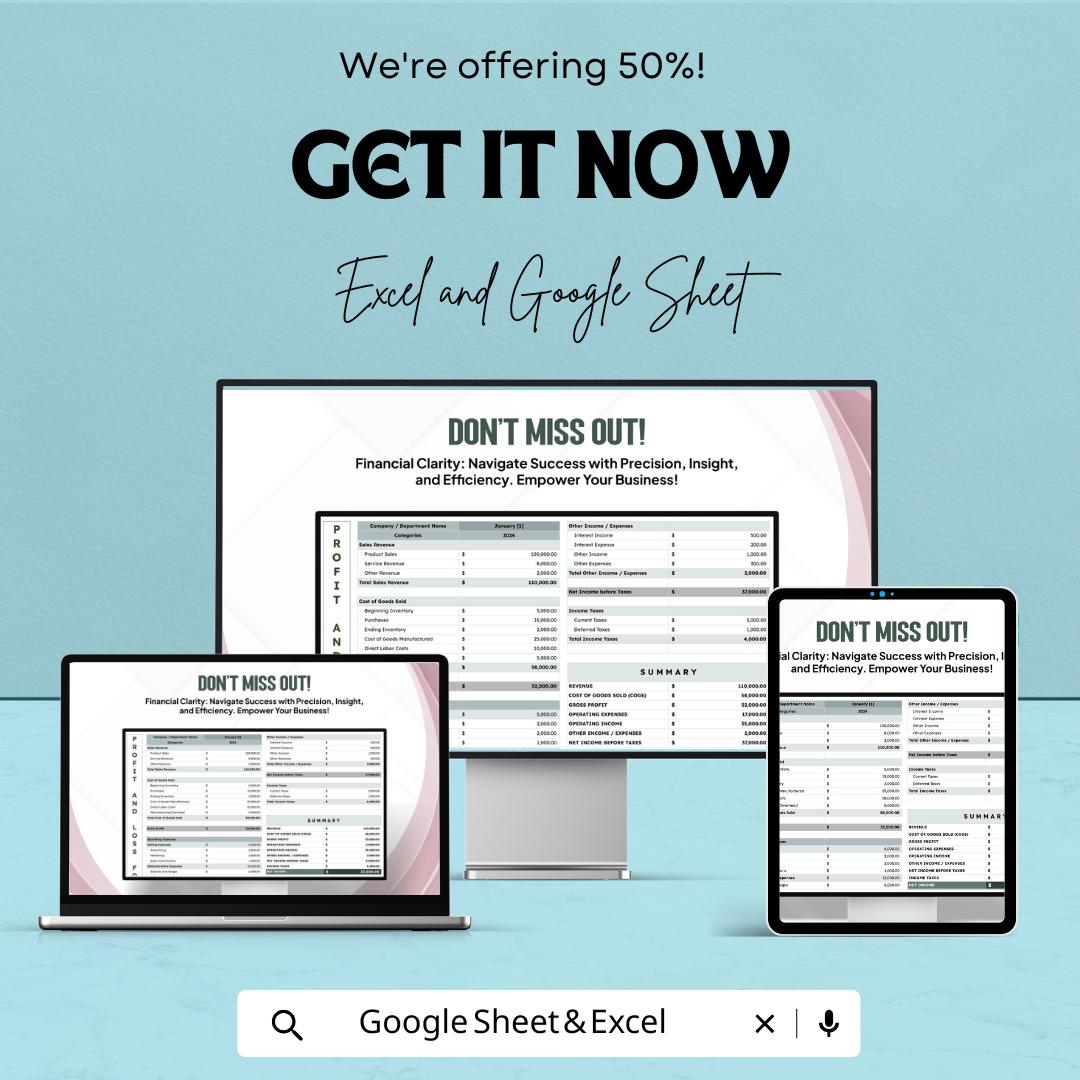 Profit and Loss Format Template | PandL Statement Format | Income Expense Tracker | Excel & Google Sheets