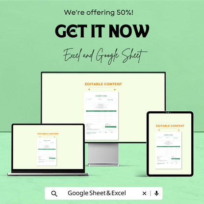 Order Form Sheet – Editable Excel & Google Sheets Template for Product Orders, Invoicing, and Billing